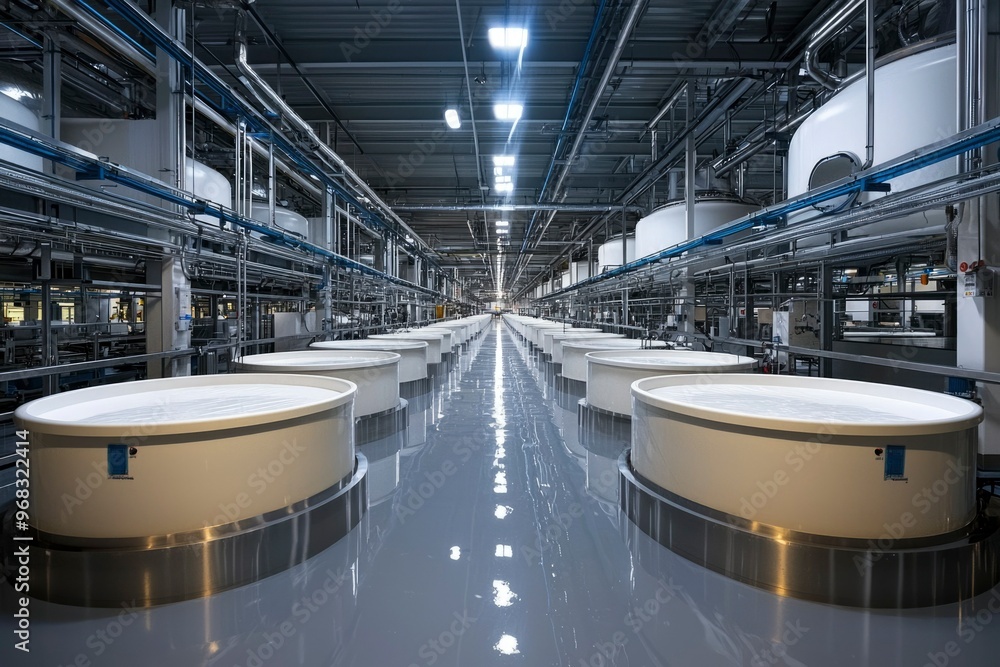 Fototapeta premium Industrial Facility with Row of White Circular Tanks