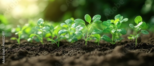 Young Green Plants Growing in Soil with Sunlight