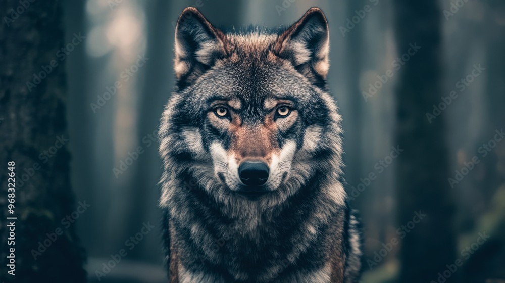 Fototapeta premium A wolf staring directly into the camera, with a background of deep, dense forest.