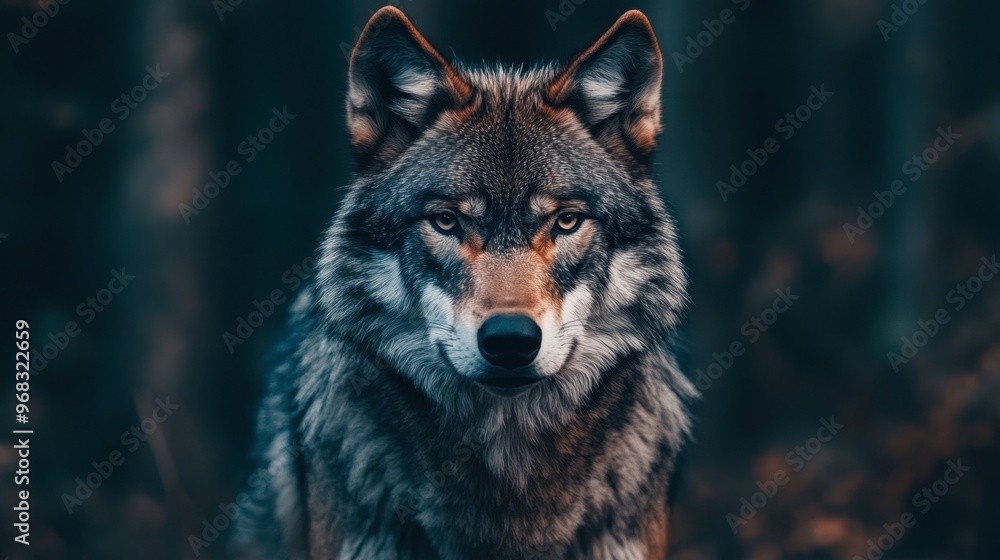 Fototapeta premium A wolf staring directly into the camera, with a background of deep, dense forest.