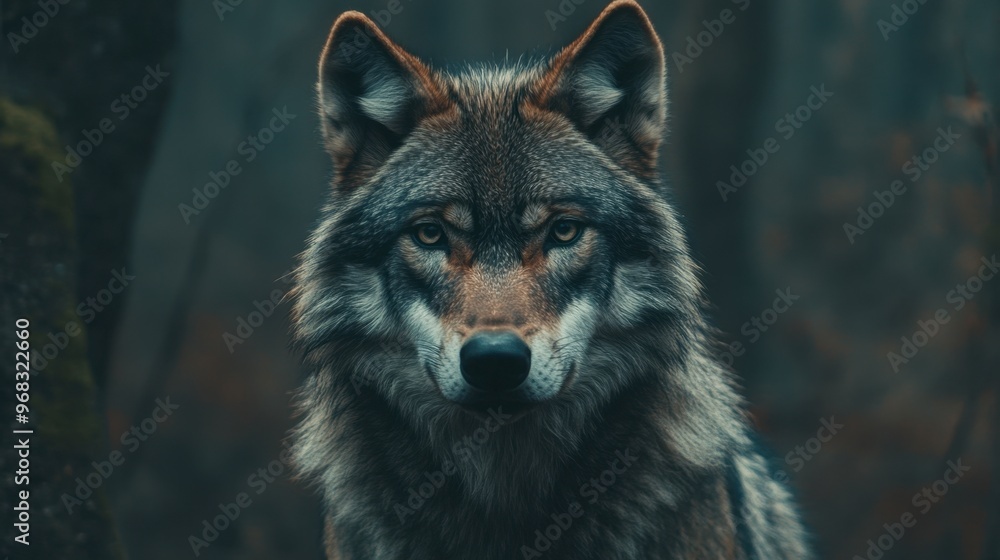 Fototapeta premium A wolf staring directly into the camera, with a background of deep, dense forest.