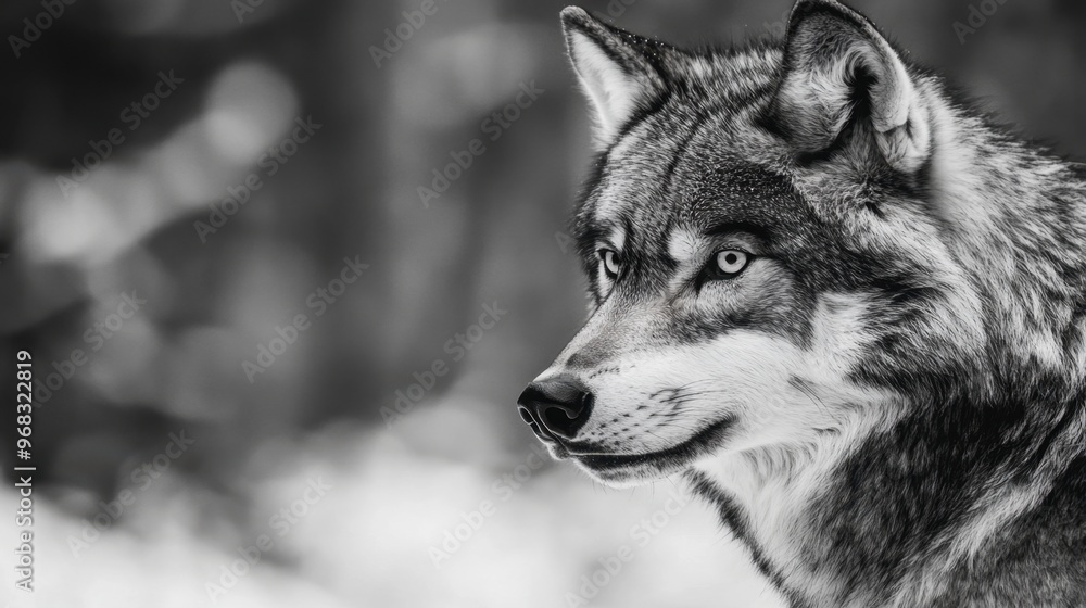 Fototapeta premium A wolf with its head turned, listening intently to sounds in the distance, ready to react.