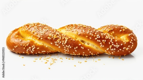 A twisted bread topped with sesame seeds isolated on white background, showcasing a golden-brown crust and a soft interior, perfect for snacking or meals.