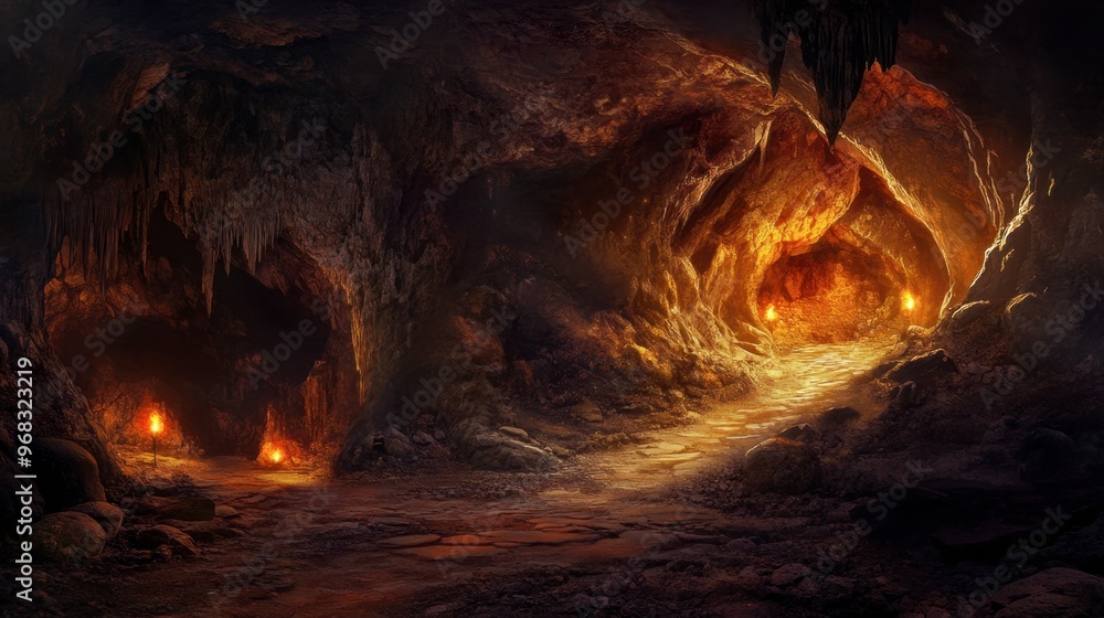 Inside a cave, illuminated by the soft glow of torches, revealing rugged rock formations and a winding path. Inside a cave, illuminated by the soft glow of torches, revealing rugged rock formations and a winding path.