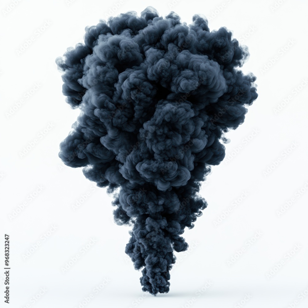 Dark smoke plume rising against a white background, representing pollution, fire, or dramatic atmospheric effects. Dark smoke plume rising against a white background, representing pollution, fire, or dramatic atmospheric effects.