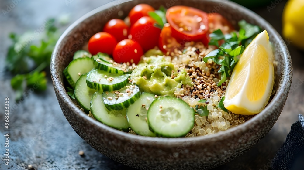 A nutritious stock photo of a quinoa and avocado bowl topped with cherry tomatoes, cucumbers, and a sprinkle of seeds. A nutritious stock photo of a quinoa and avocado bowl topped with cherry tomatoes, cucumbers, and a sprinkle of seeds.