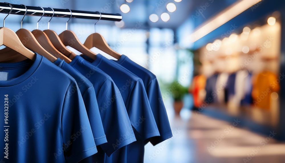 Navy t-shirts on hangers in a store with space for branding and logos, on blurred indoor background, concept of mockup. Generative AI Navy t-shirts on hangers in a store with space for branding and logos, on blurred indoor background, concept of mockup. Generative AI