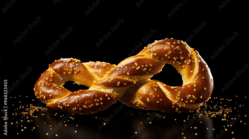 A twisted pretzel with a shiny, golden-brown crust and sprinkled salt, set against a black background. A twisted pretzel with a shiny, golden-brown crust and sprinkled salt, set against a black background.