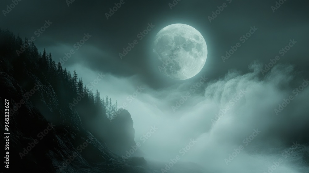 The Moon hanging above a misty valley, with fog swirling around its light.