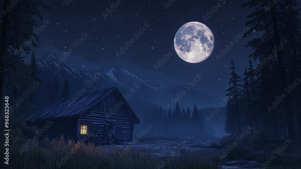 The Moon high in the sky above a remote cabin, with the surrounding wilderness bathed in moonlight. The Moon high in the sky above a remote cabin, with the surrounding wilderness bathed in moonlight.