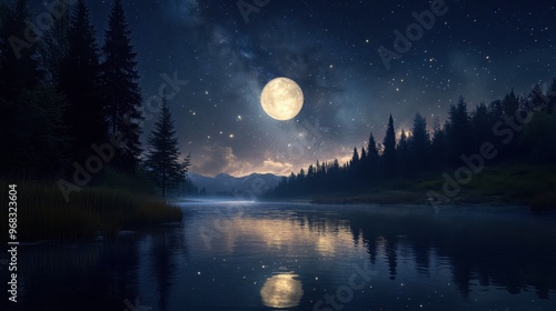 The Moon and stars reflected in a quiet river, with the Milky Way faintly visible above.