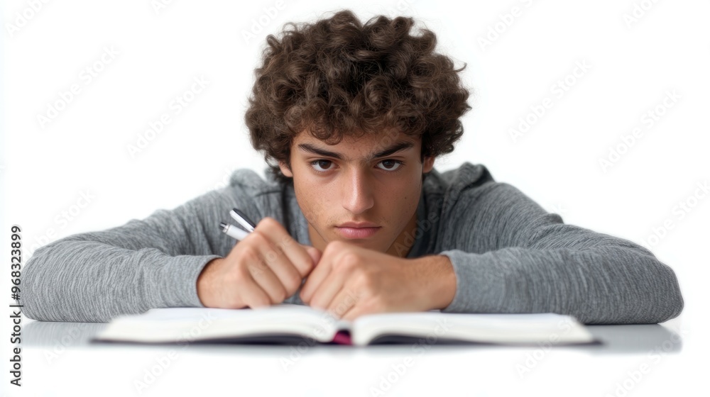 Fototapeta premium Medium shot of a focused student, their brow furrowed in concentration as they study intently, isolated on a white background