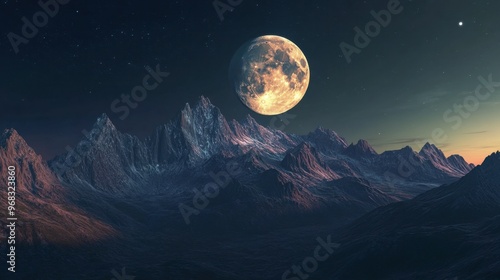 The Moon rising over a mountain range, casting a soft glow on the peaks below.