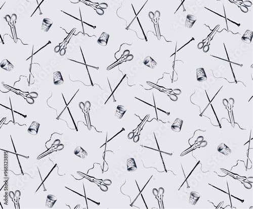 Vintage, grey-scale illustration of sewing tools on a white background forming a simple pattern.