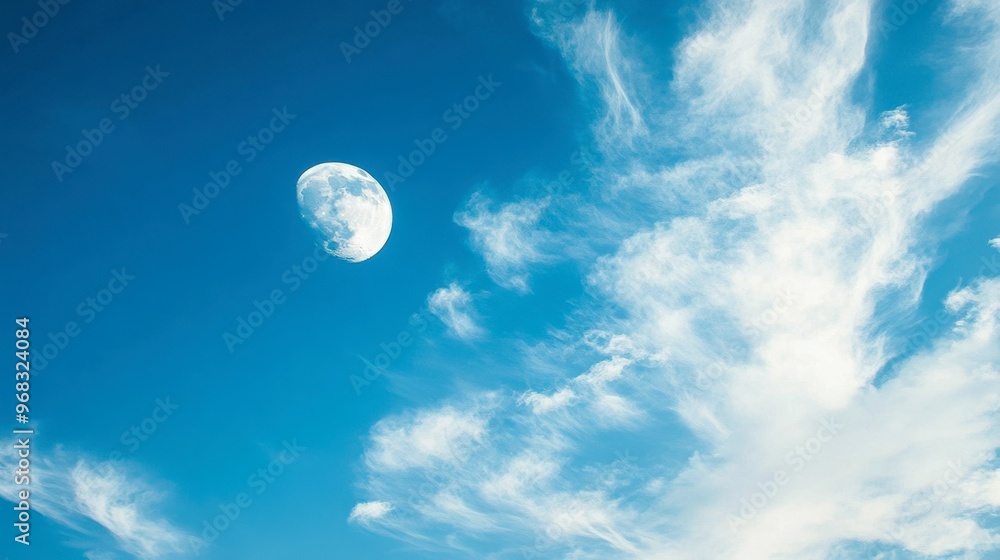 The Moon visible during the day, set against a bright blue sky with wispy clouds. The Moon visible during the day, set against a bright blue sky with wispy clouds.