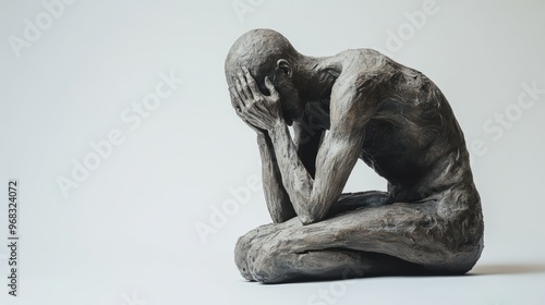 Full body shot of a grieving individual, their posture slumped and face etched with sorrow, isolated on a white background
