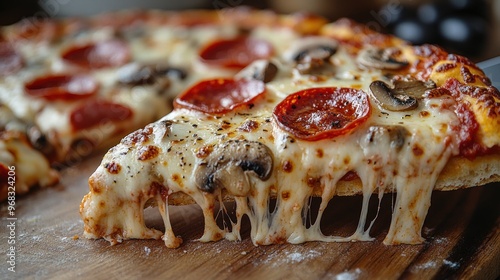 Close Up of Pizza with Pepperoni and Mushrooms