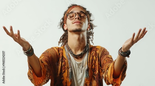 Medium shot of an inspired artist, their expression animated and hands gesturing expressively, isolated on a white background photo