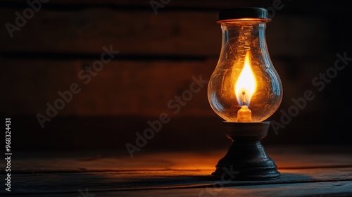 A traditional oil lamp burning with a soft flame, set on a dark wooden table.