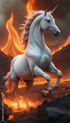 Majestic Unicorn Galloping Through Hellish Molten World – Radiant Mane, Crystalline Horn, and Shimmering Glow Contrast with Fiery Landscape, Symbolizing Purity Amidst Chaos
