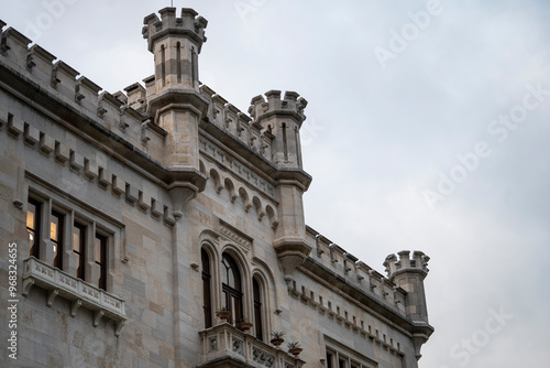 Details on facade of Wonderful Miramare Castle built on the coastline of the Gulf of Trieste (Italy) in 1860 for Austrian Archduke Ferdinand Maximilian. Trieste, Italy 04.01.2024
 photo