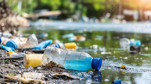 polluted river contaminated by industrial chemical waste, with murky water, floating debris, and visible drainage pipes. The environmental impact is evident, symbolizing human neglect and ecological h photo