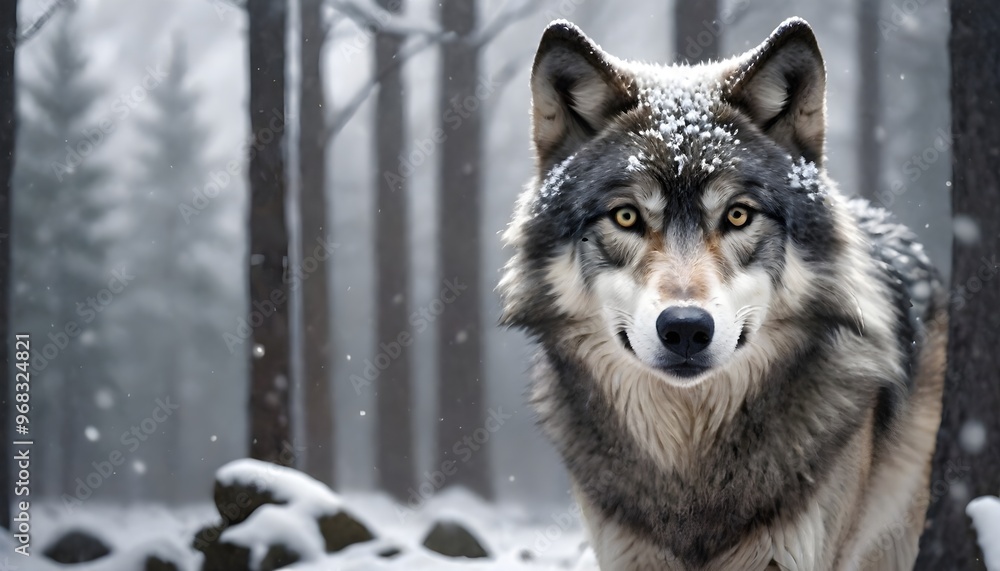 A gray wolf with piercing eyes in a snowy forest, surrounded by falling snowflakes A gray wolf with piercing eyes in a snowy forest, surrounded by falling snowflakes
