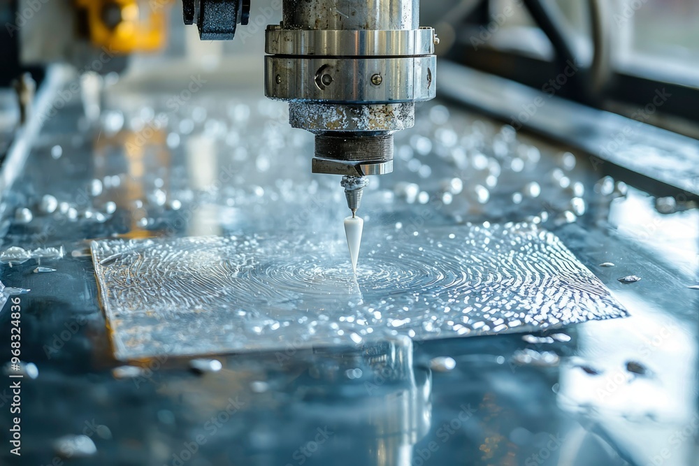 Waterjet Cutting Machine Cutting Through a Metal Sheet Waterjet Cutting Machine Cutting Through a Metal Sheet