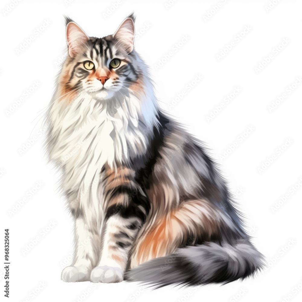 Beautiful Maine Coon Cat Illustration with Fluffy Fur Against White Background Beautiful Maine Coon Cat Illustration with Fluffy Fur Against White Background