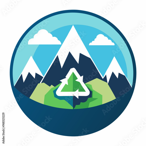  A circular logo featuring mountains with a small recycling symbol integrated at the base, representing sustainability and nature.
