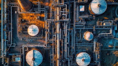 An aerial shot of a massive oil refinery complex, with pipes and storage tanks sprawling across the landscape.