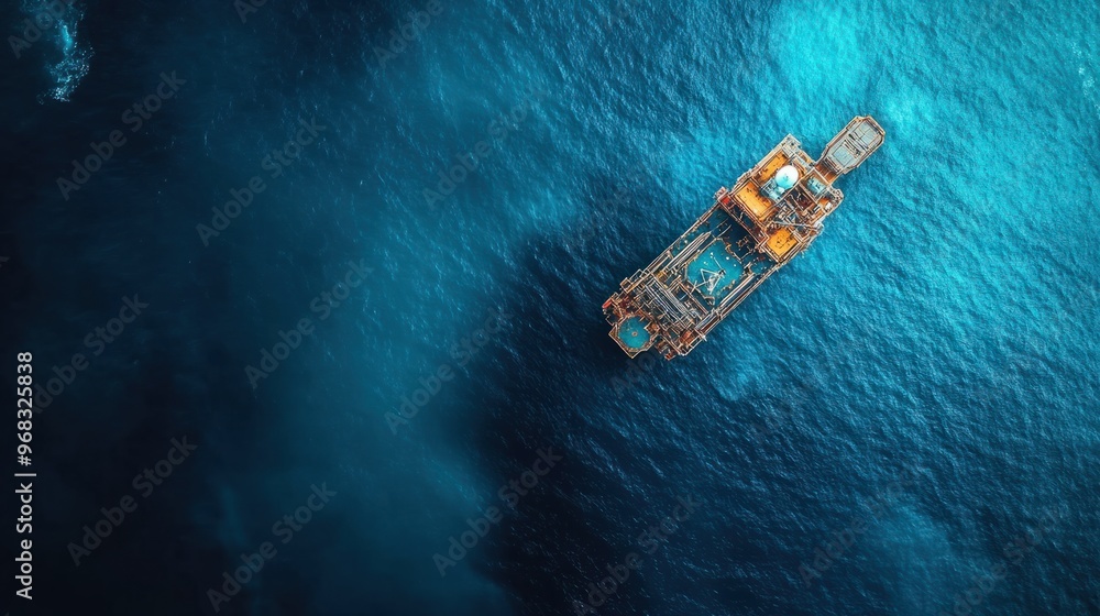 An aerial view of an offshore oil platform surrounded by deep blue ocean waters. An aerial view of an offshore oil platform surrounded by deep blue ocean waters.