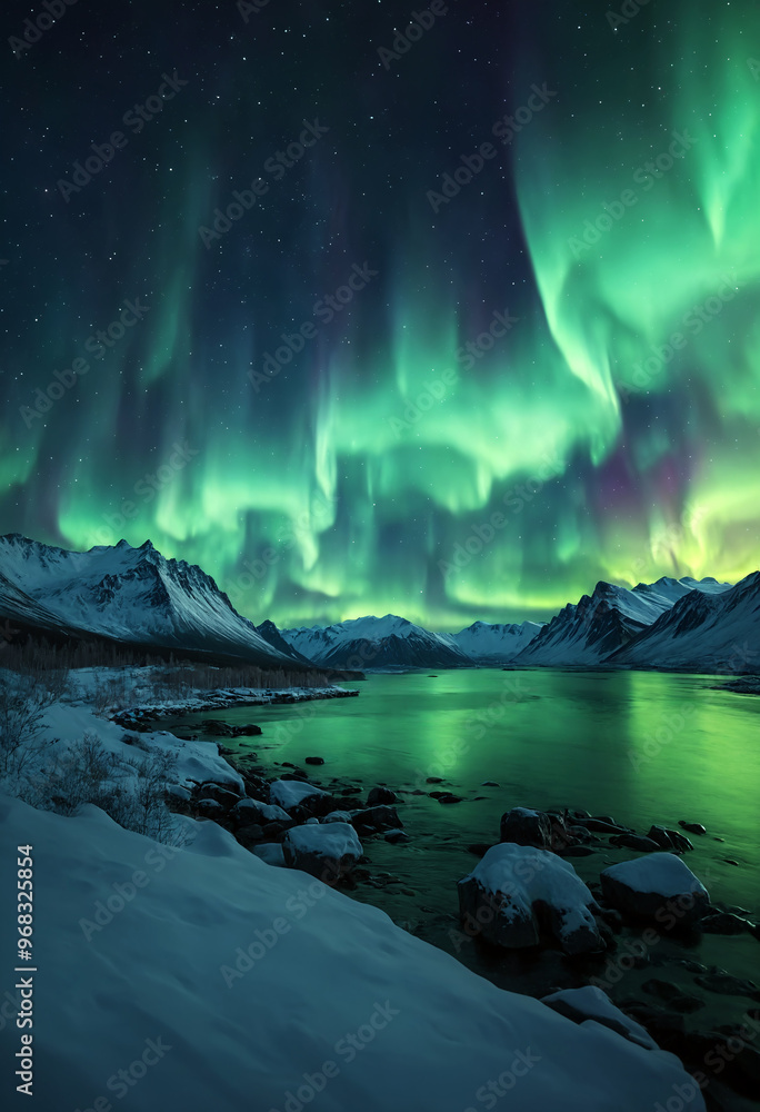 Naklejka premium Serene winter landscape with Northern Lights Aurora Borealis flashes in arctic sky over snowy mountains and calm frozen mount lake at dark polar night. Scenic wintry natural background 3D illustration
