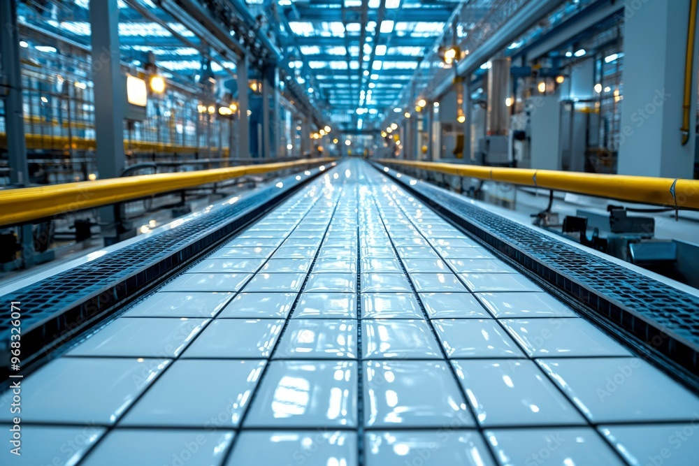 White Tiles on a Conveyor Belt in a Factory Setting White Tiles on a Conveyor Belt in a Factory Setting