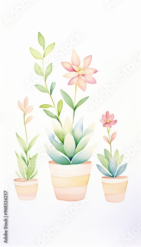 Watercolor illustration of decorative potted plants with vibrant colors, perfect for home decor or artistic projects.