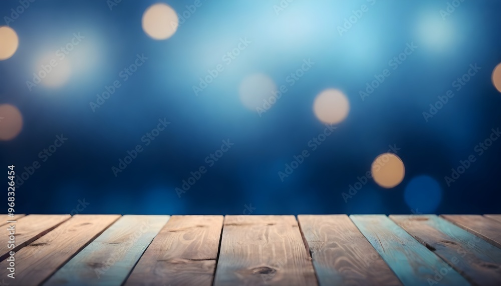 Wooden planks on a blurred blue background with bokeh lights Wooden planks on a blurred blue background with bokeh lights