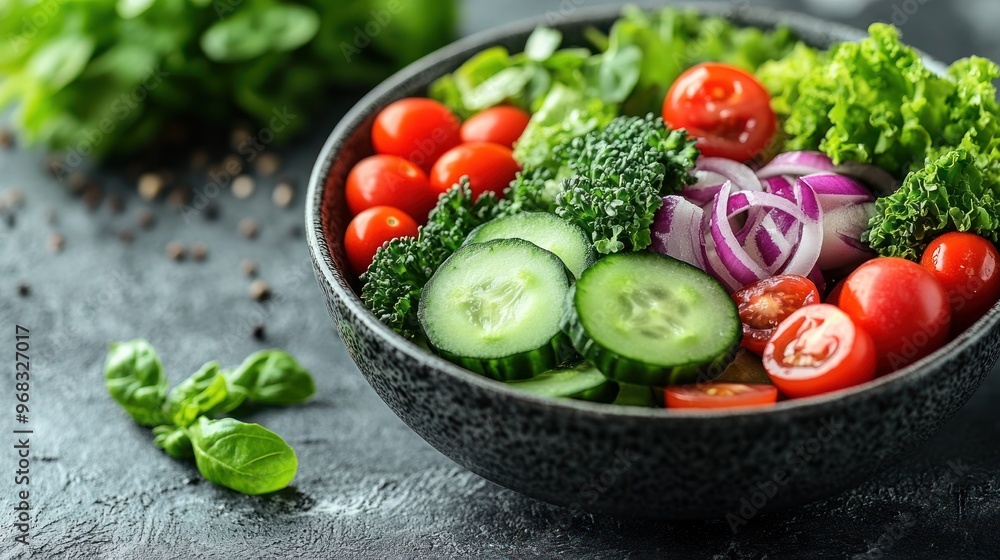 Fresh Salad Bowl with Cherry Tomatoes, Cucumber, Broccoli and Red Onion Fresh Salad Bowl with Cherry Tomatoes, Cucumber, Broccoli and Red Onion