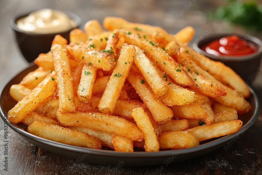 Golden French Fries with Parsley and Dipping Sauces Golden French Fries with Parsley and Dipping Sauces