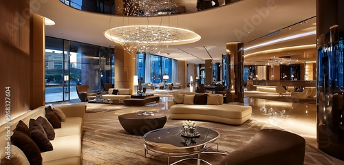A luxury hotel lobby boasts a chic and contemporary style.
