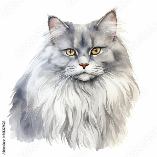 Beautiful Watercolor Illustration of a Fluffy Gray Cat with Yellow Eyes. Stunning Artistic Cat Portrait Perfect for Animal Lovers and Home Decor.