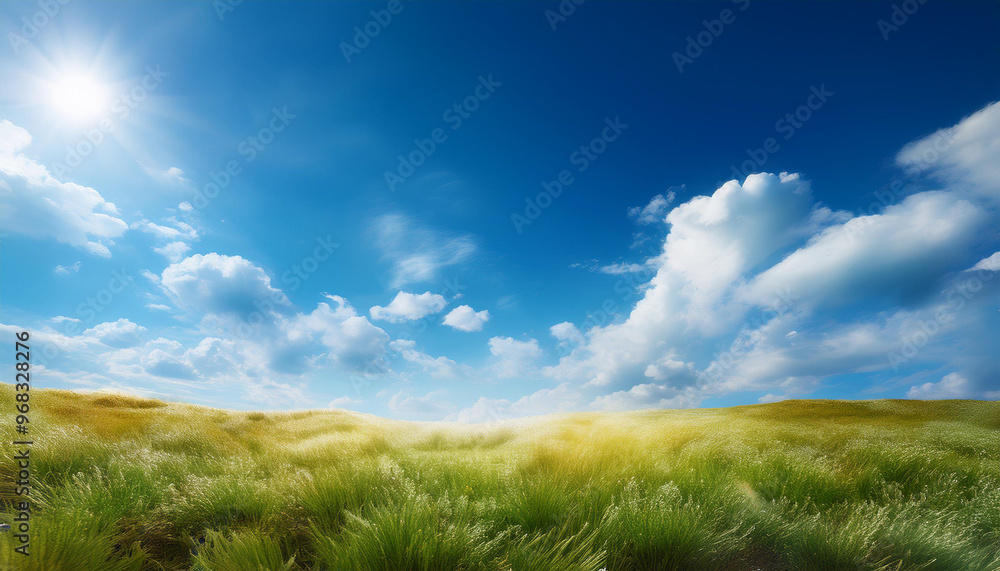Obraz premium Blue sky. Bright midday sun illuminates the space. Wide photo . 