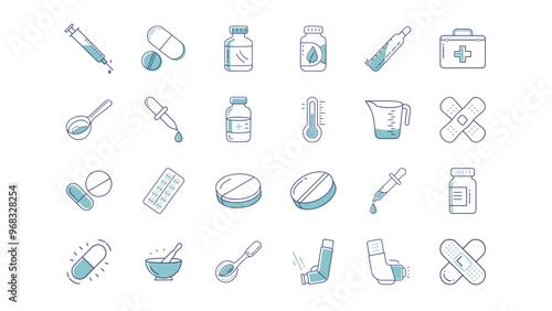Medical Icon Set Featuring Syringe, Medicine Bottle, Thermometer, Pills, and First Aid Items on White Background