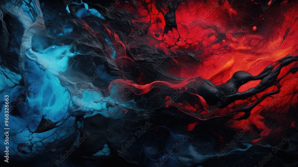 A vibrant abstract artwork featuring swirling patterns of red, blue, and black, creating a dynamic and energetic visual effect. A vibrant abstract artwork featuring swirling patterns of red, blue, and black, creating a dynamic and energetic visual effect.