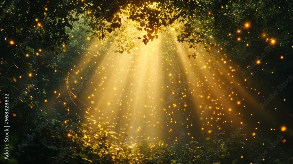 Naklejka premium Sunbeams and Fireflies Illuminating a Forest Clearing