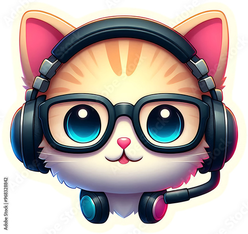 Cute Cartoon Cat Wearing Gaming Headset and Glasses photo