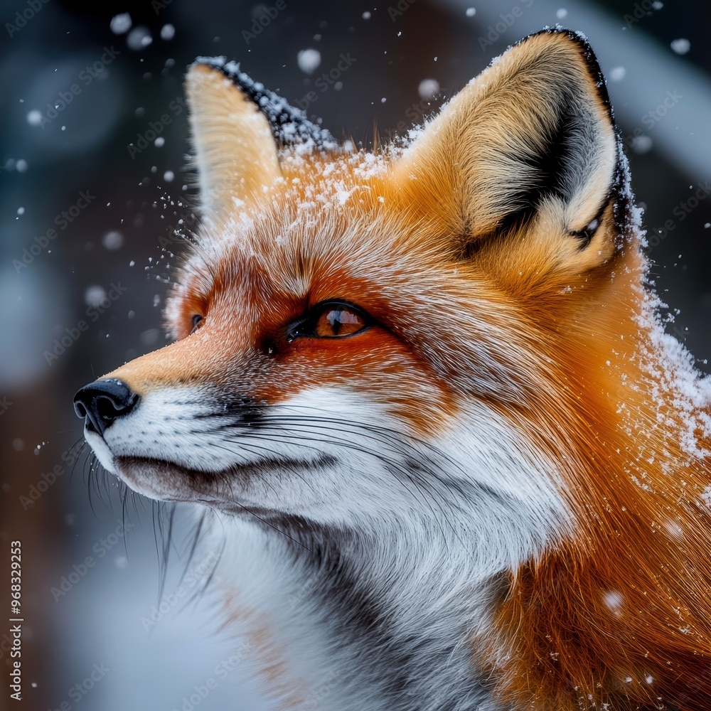 Obraz premium A close-up of a majestic fox covered in snow, capturing the beauty of winter wildlife in its natural habitat.