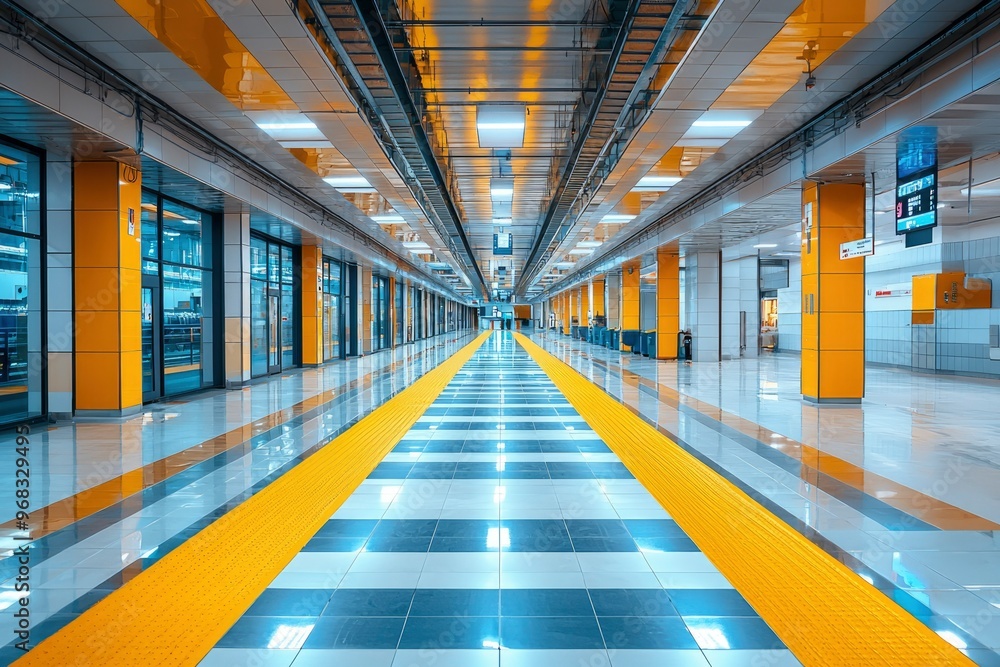 Fototapeta premium Yellow Stripe on a Polished Tile Floor in a Modern Building
