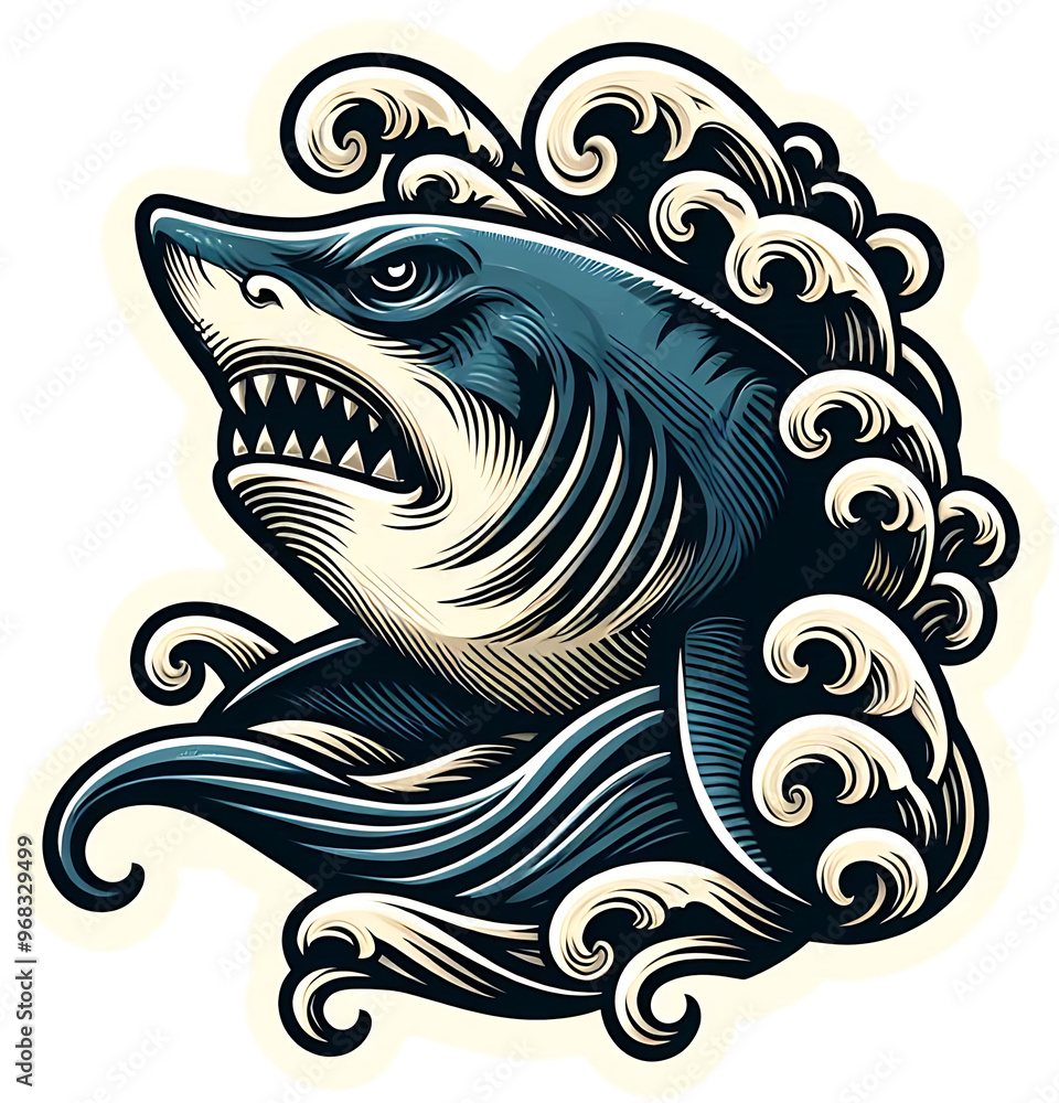Aggressive Shark with Waves in Traditional Japanese Style Aggressive Shark with Waves in Traditional Japanese Style