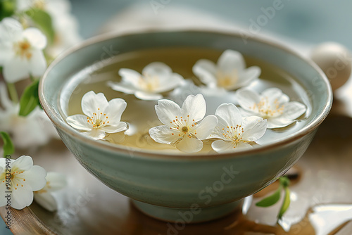 A serene cup of jasmine tea adorned with fresh jasmine flowers on a wooden table, evoking tranquility and relaxation