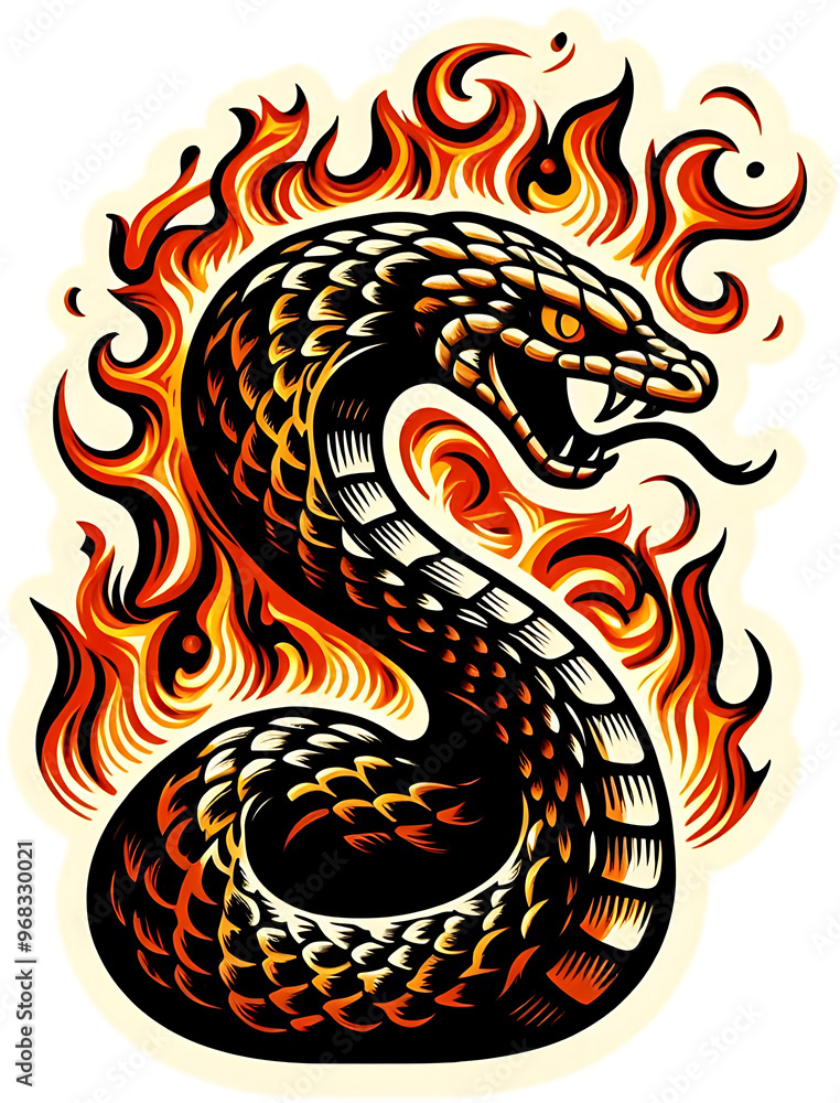 Fototapeta premium Fiery Snake Tattoo Design, Venomous Serpent with Flames